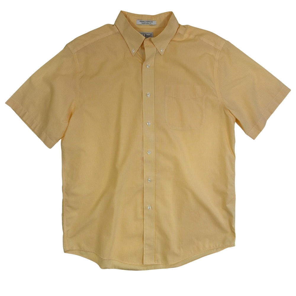 LL Bean Mens Short Sleeve Gingham Button Down Shirt Yellow White Traditional Fit - Picture 1 of 7